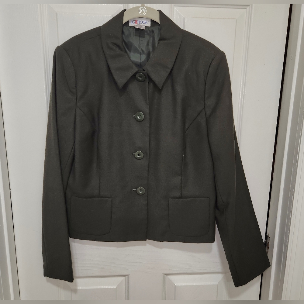 Vintage Hook Womens Wool Blazer Size 10 Army Green 90s Button Coat Jacket